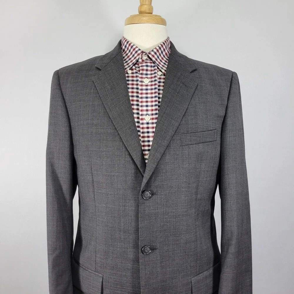 Alfani Men's Sport Coat Blazer Three Button‎ Charcoal Gray Plaid Wool Size 40L